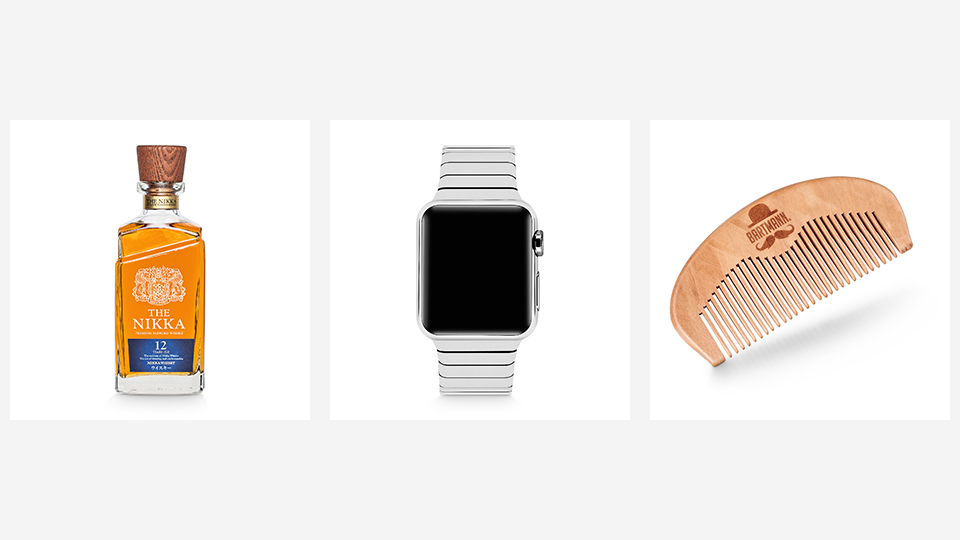 Eine Collage aus drei Packshots einer Flasche The Nikka Whiskey, einer AppleWatch und eines Bartkamms der Marke Bertmann