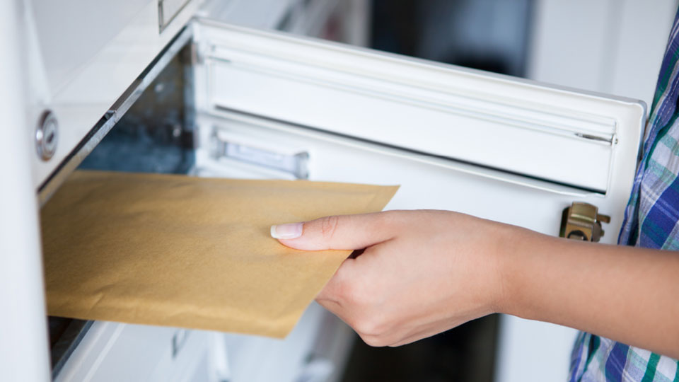 A hand is removing a padded envelope from the letter box
