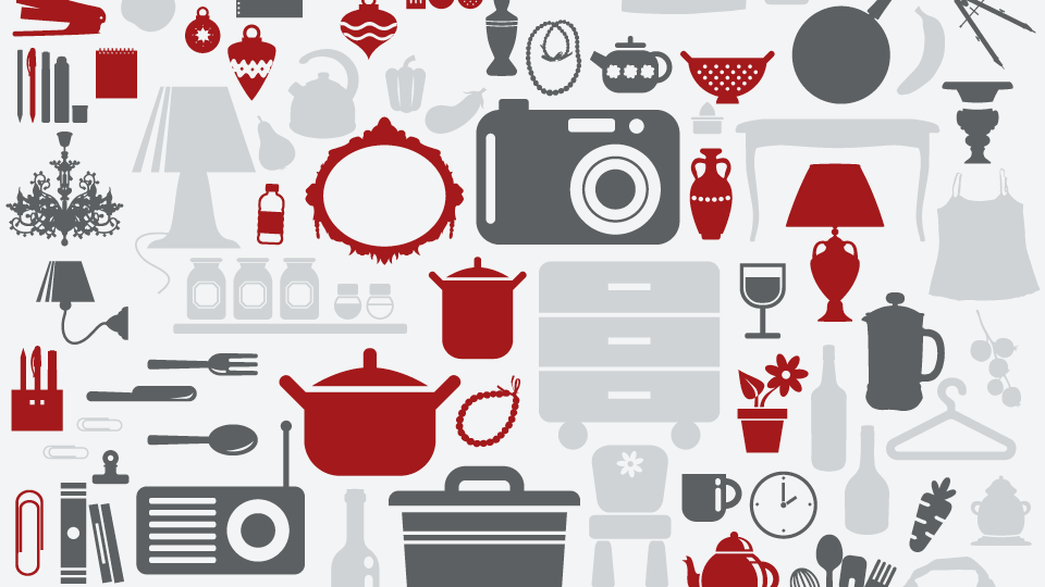 A stylized, grey and red illustration of different consumer goods