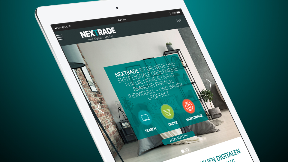 The Nextrade homepage is shown on a tablet