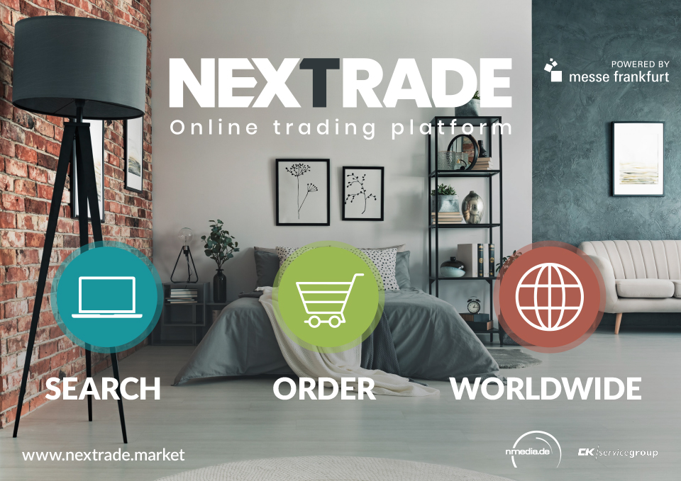 Key visual by Nextrade with the heading Nextrade: Online trading platform and the three points Search, Order and Worldwide