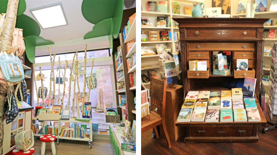 Kinderecke der Buchhandlung am Färberturm und Kommode mit offener Schublade mit ausgelegten Büchern