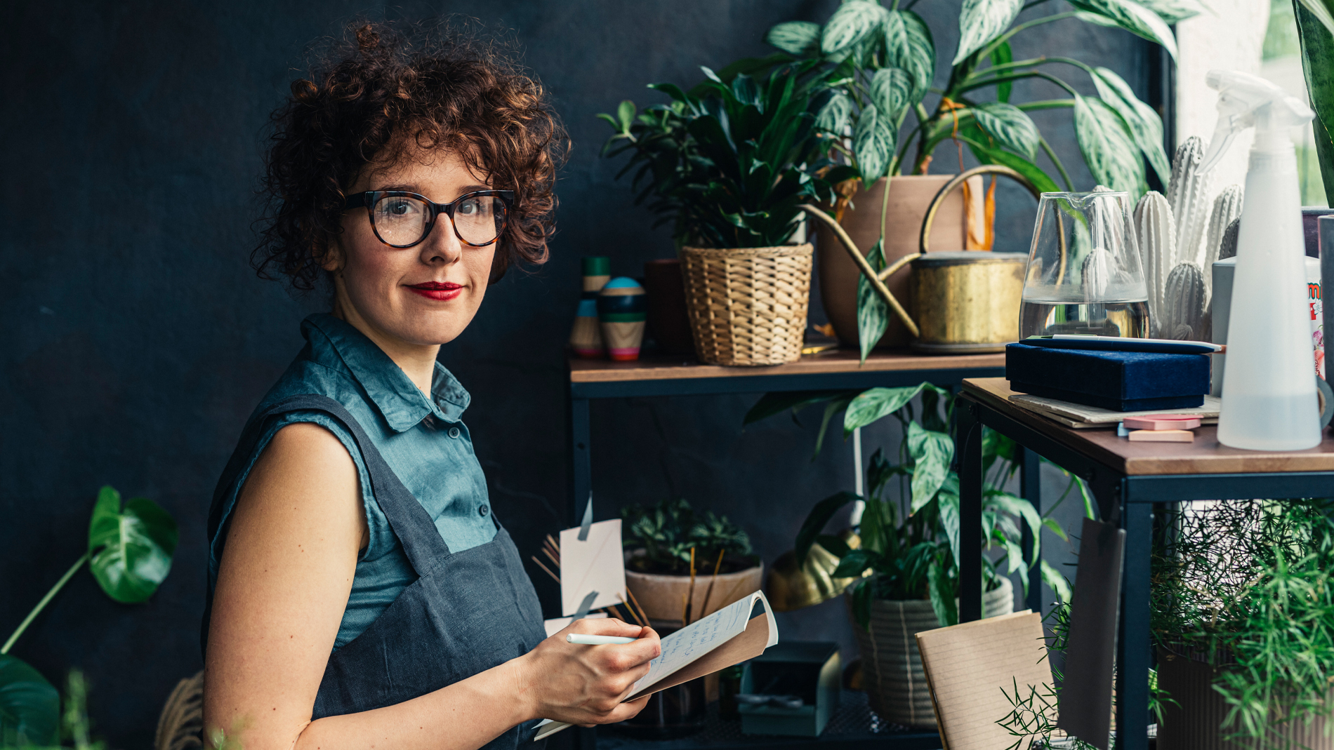 Frau im Blumenladen mit Papier und Stift in der Hand