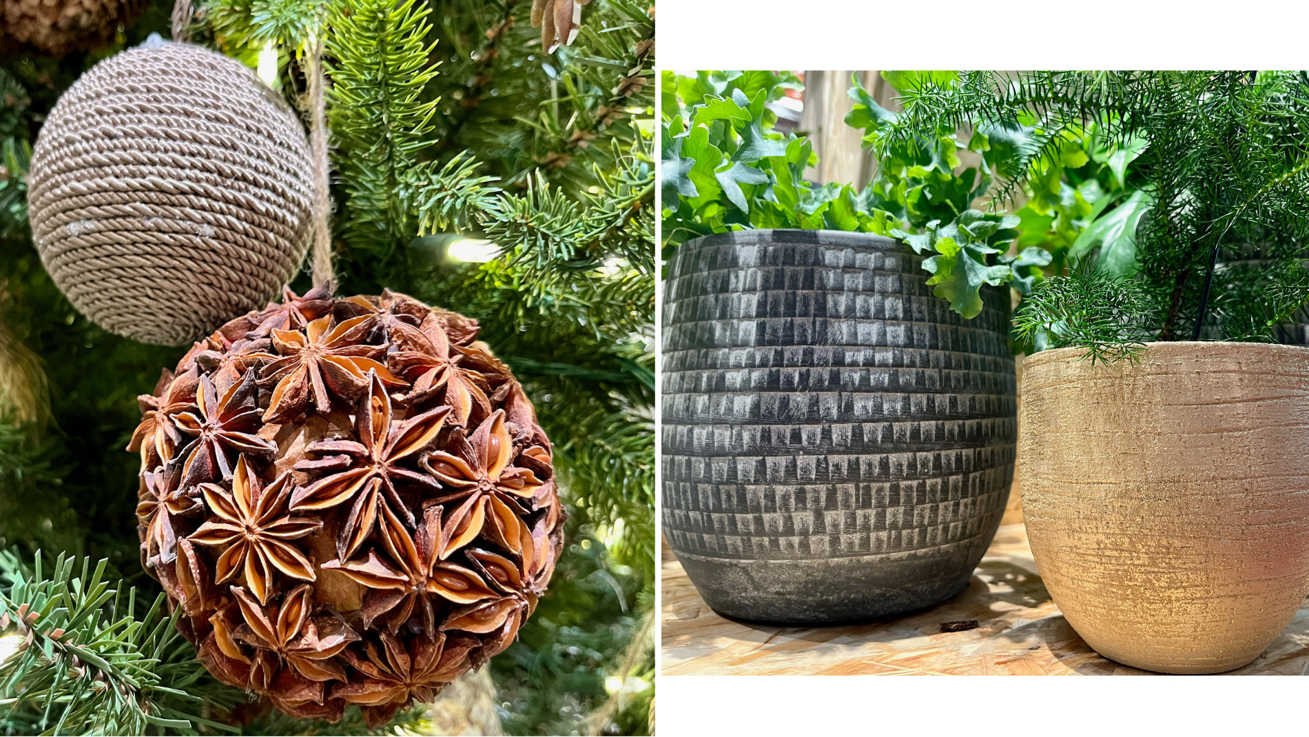 Tree ornaments made of raffia and carnations by ShiShi and plant pots made of ceramic and clay by Passion for Pottery