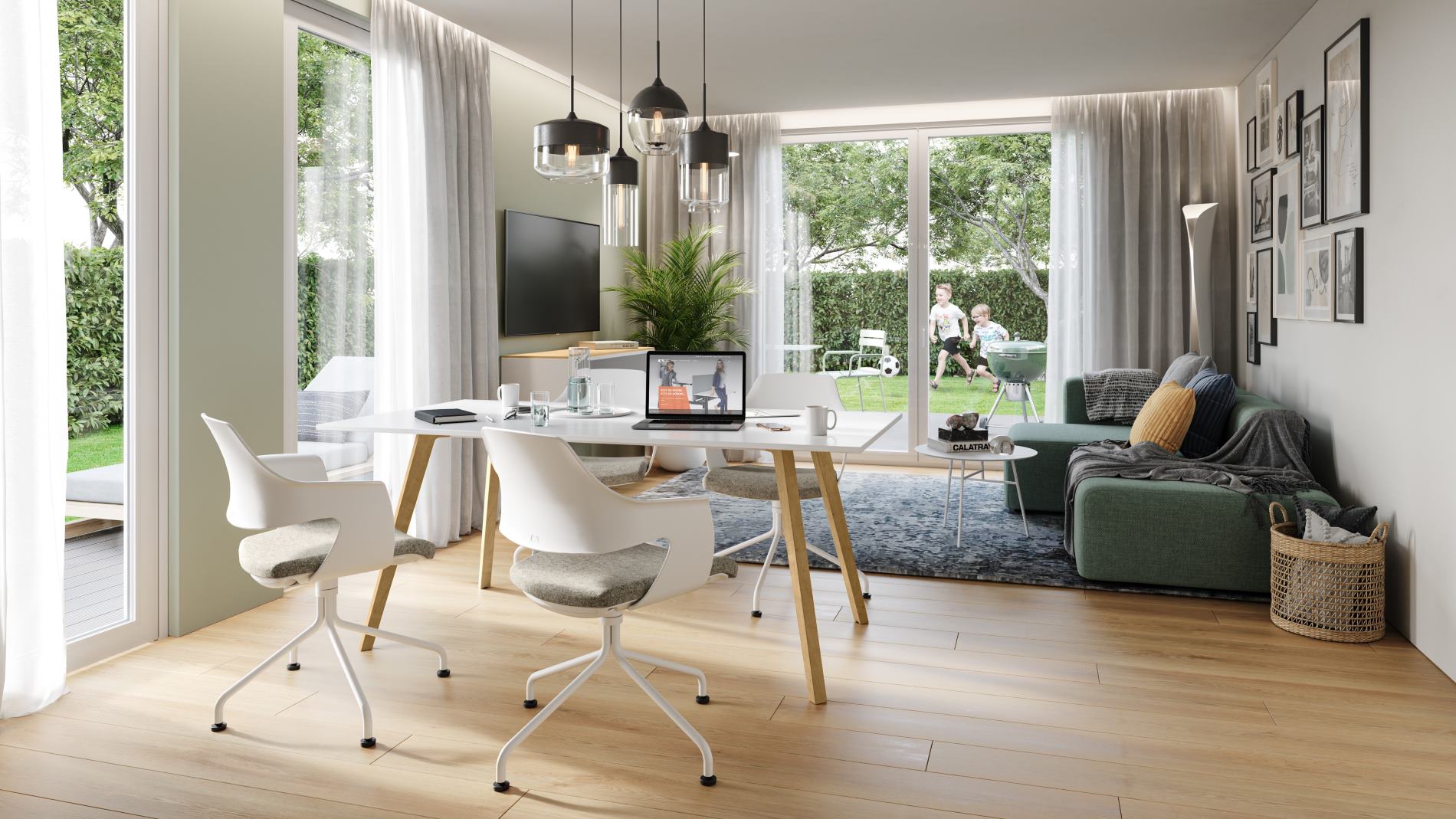 Living room with "K+N Nook.Schell" shell chairs from König + Neurath