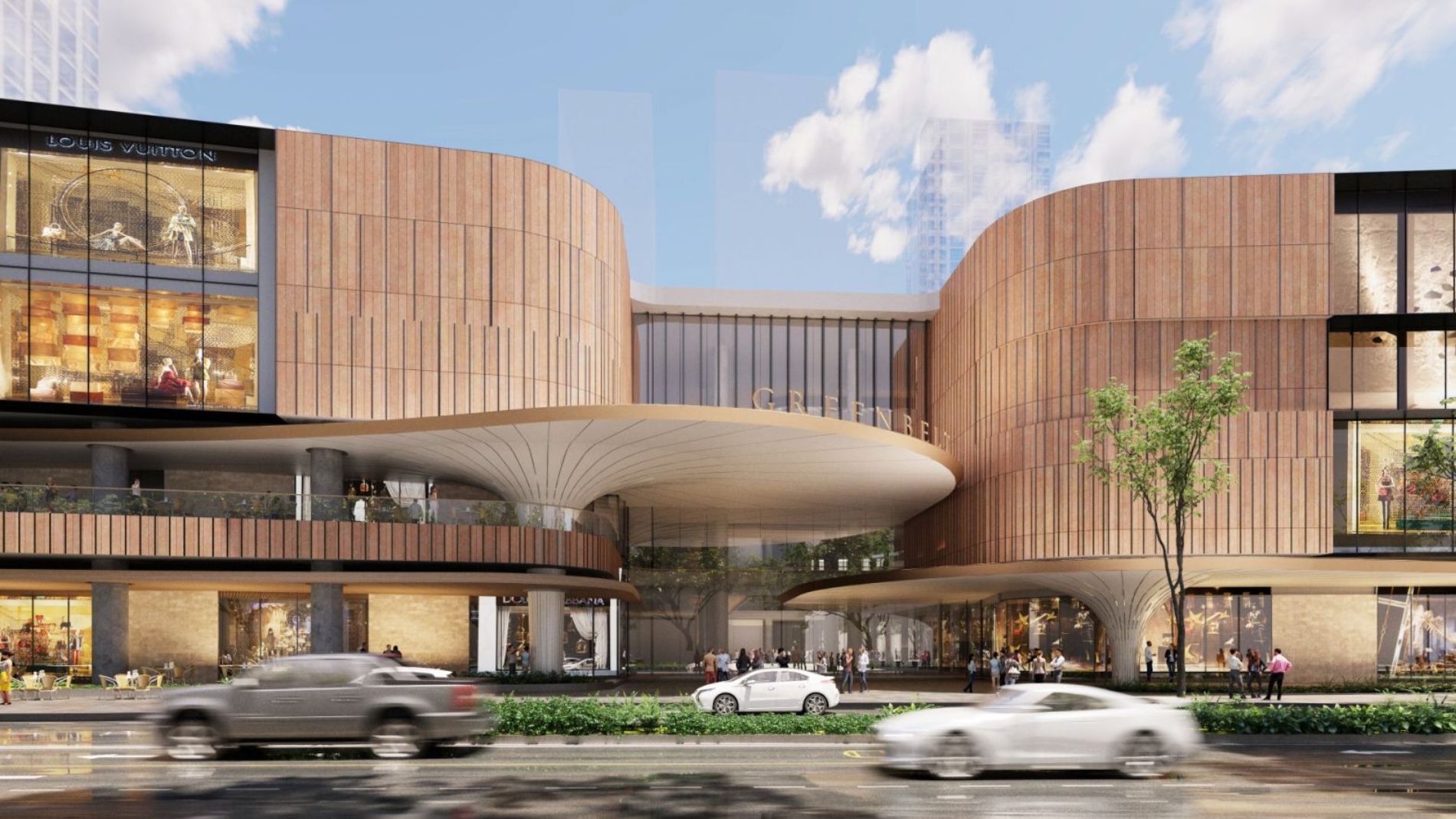 Architectural visualisation of the redeveloped Greenbelt Mall in Makati featuring a curved façade and luxury retail stores.