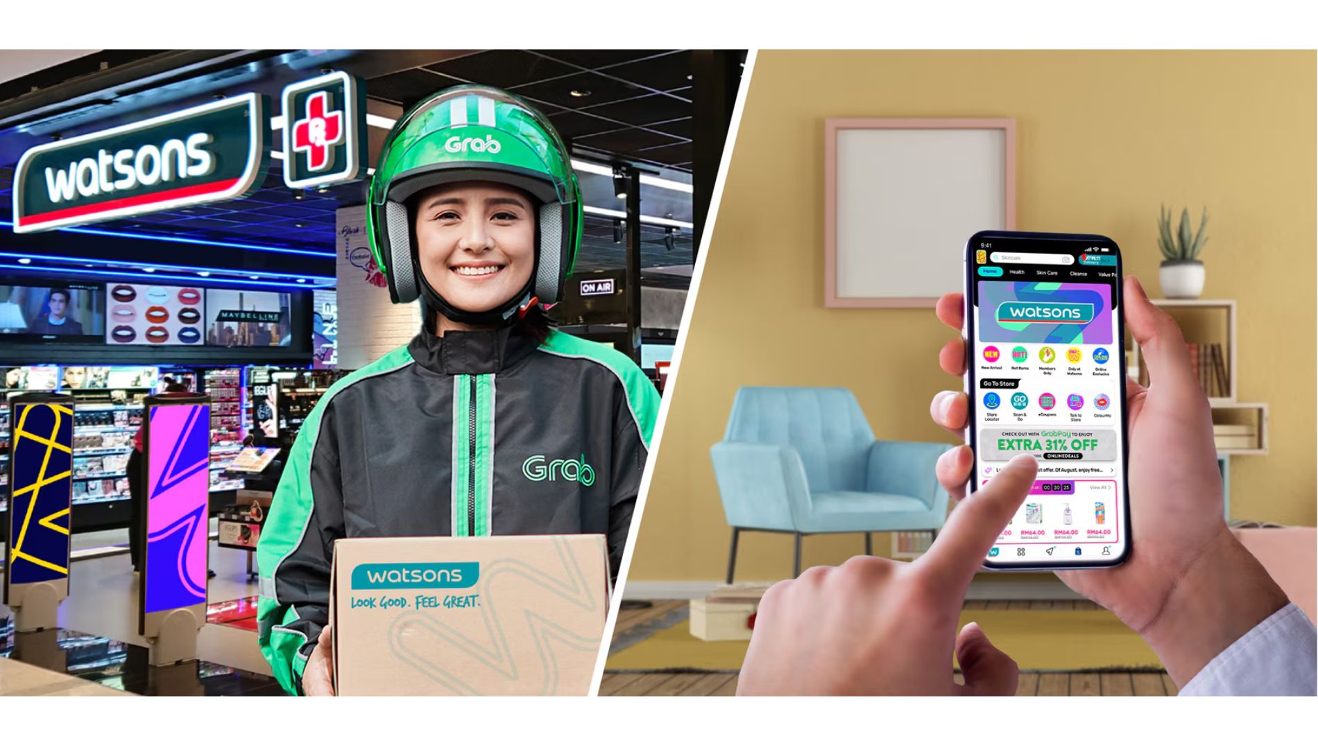 Grab delivery rider handing over a Watsons order; next to it, a smartphone showing the Watsons app