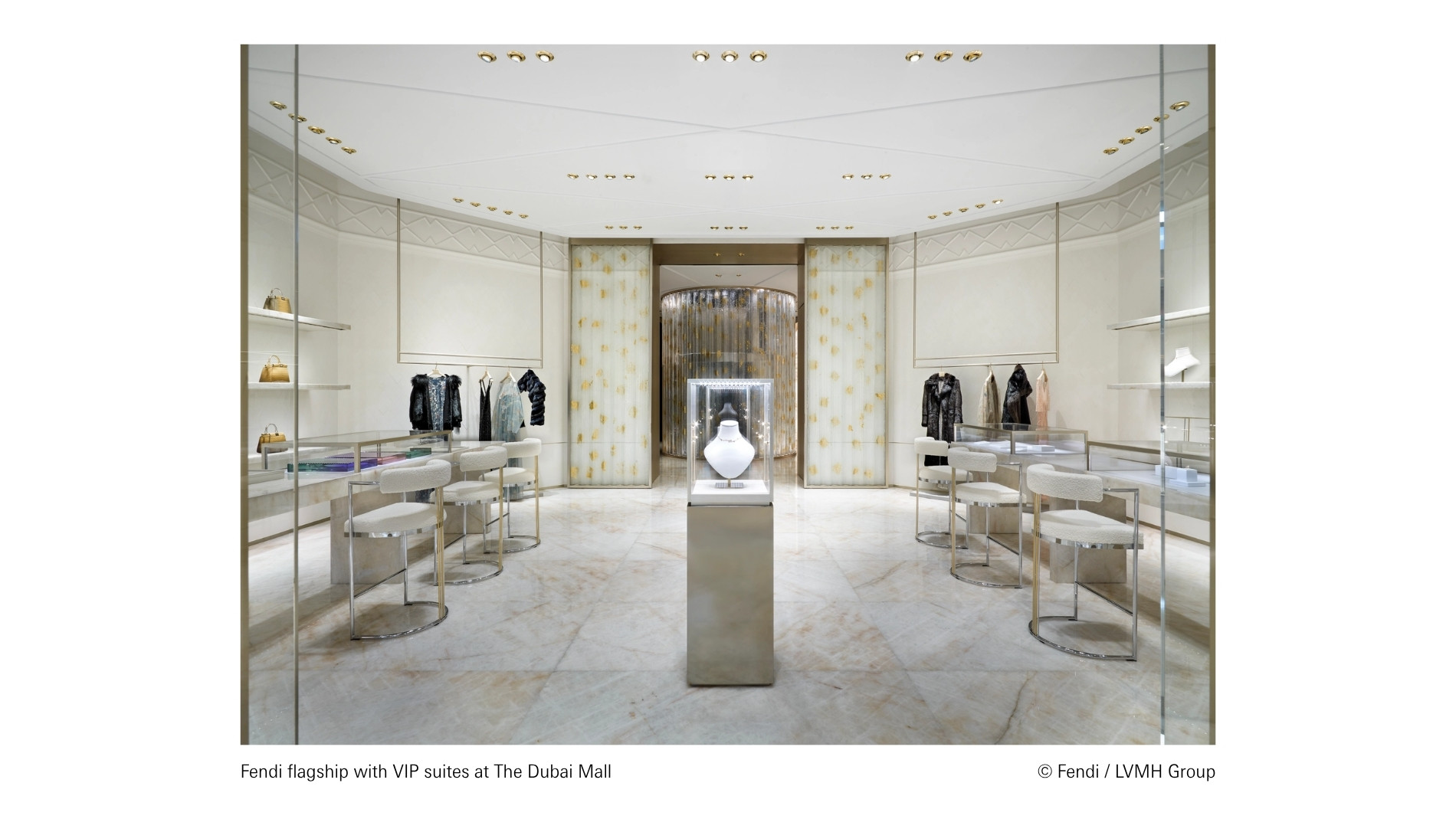 Fendi flagship store at The Dubai Mall featuring VIP suites, luxurious interior design and exclusive brand presentation.