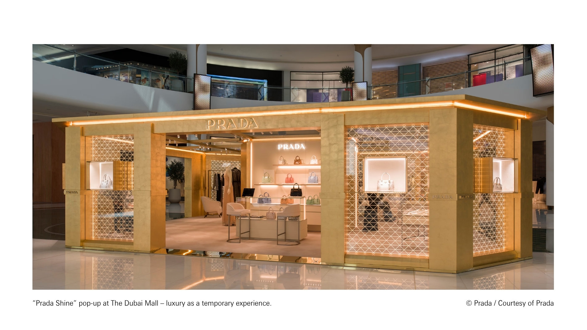 “Prada Shine” pop-up at The Dubai Mall featuring luxurious interior design and exclusive handbag presentation as a temporary retail experience.