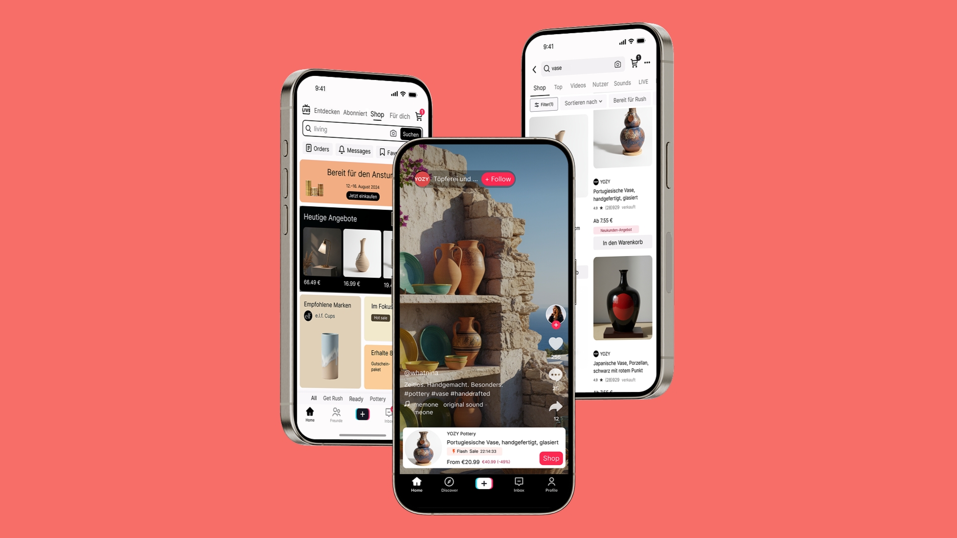 Drei Smartphones mit TikTok-Shop-App und Produktseiten zu Keramikartikeln.