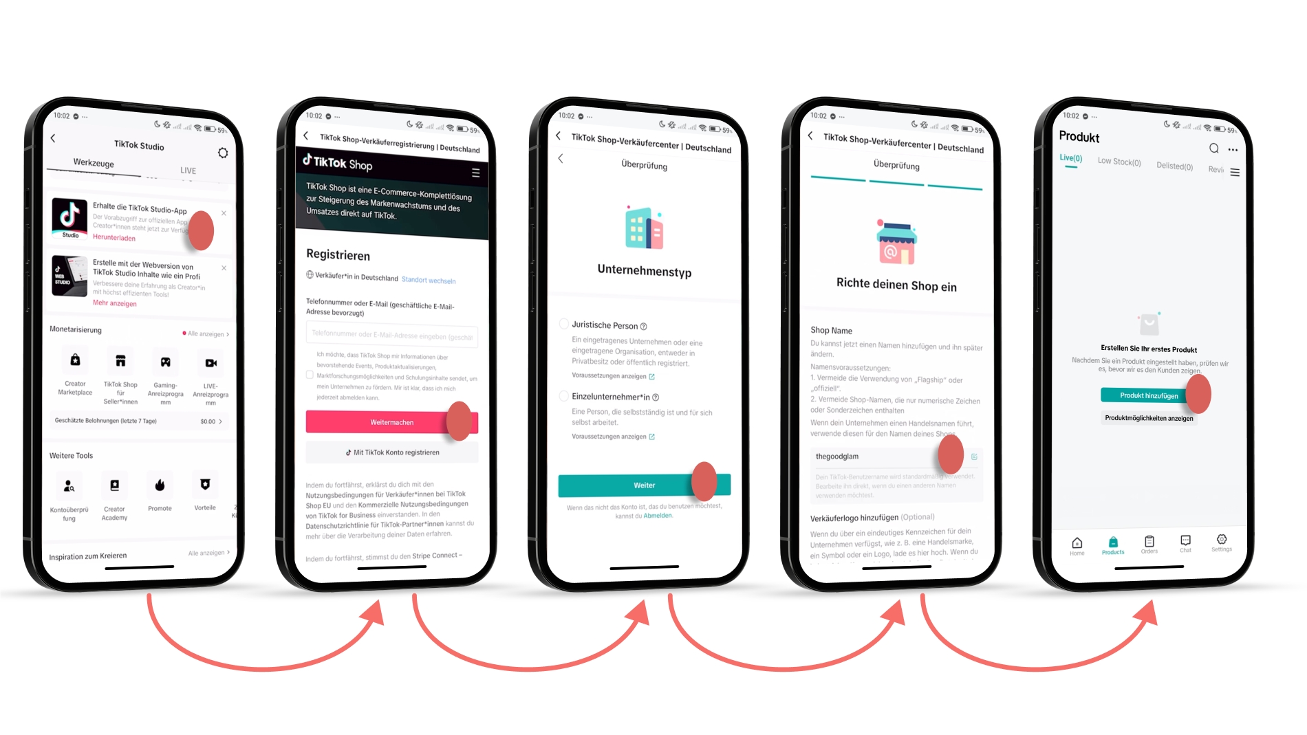 Fünf Smartphone-Screens mit Schritt-für-Schritt-Anleitung zum Einrichten eines TikTok Shops.
