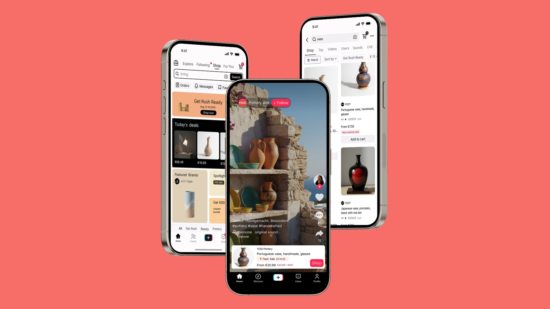 Three smartphones with TikTok Shop app showing ceramic product pages.