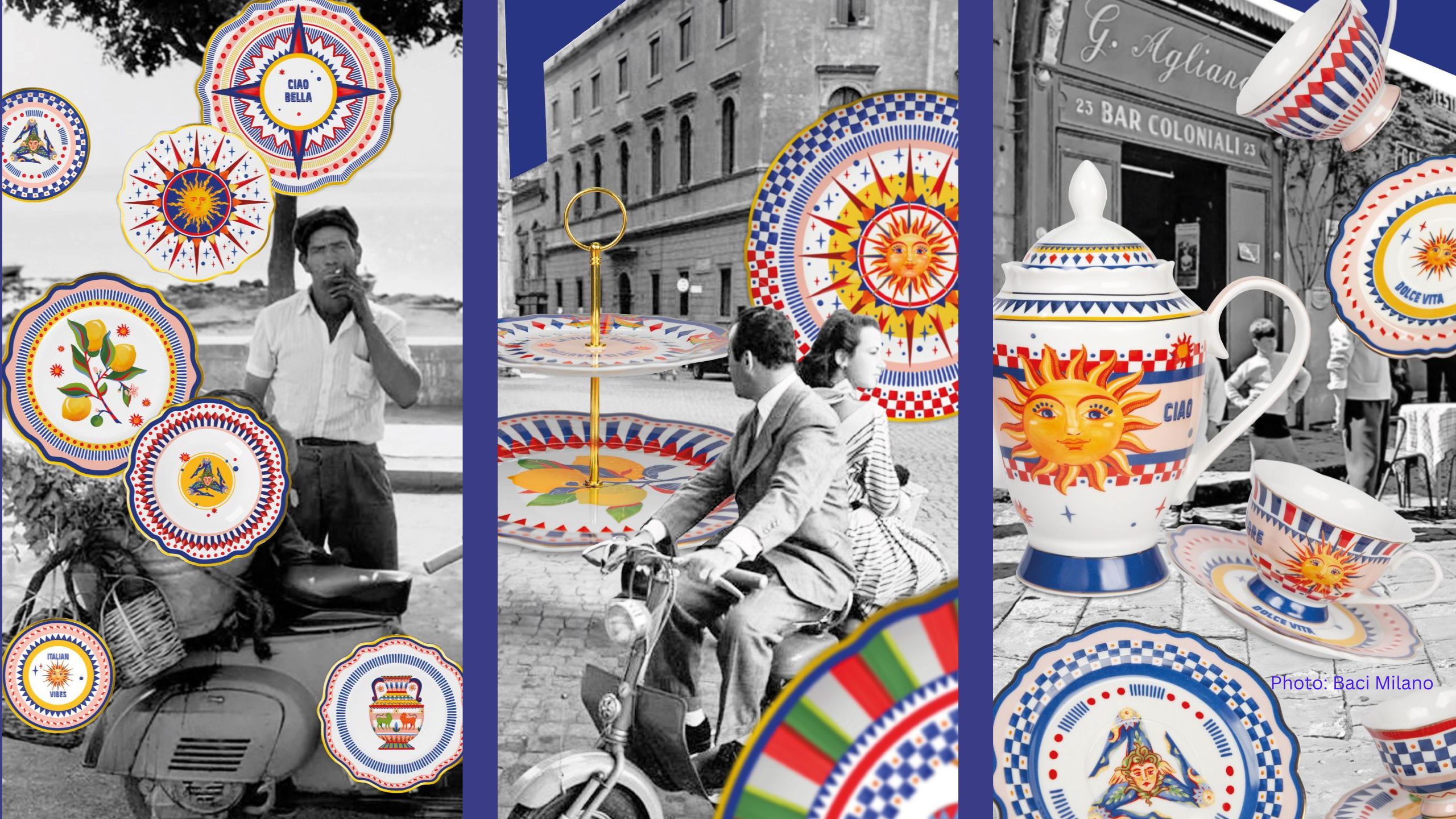 Dolce Vita Italien: schwarz weiß Bilder aus Italien mit buntem italienischem Geschirr