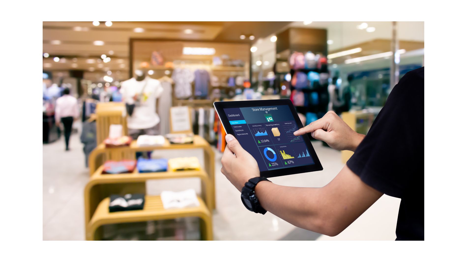 Retail employee using a tablet to access information and support customers in store.