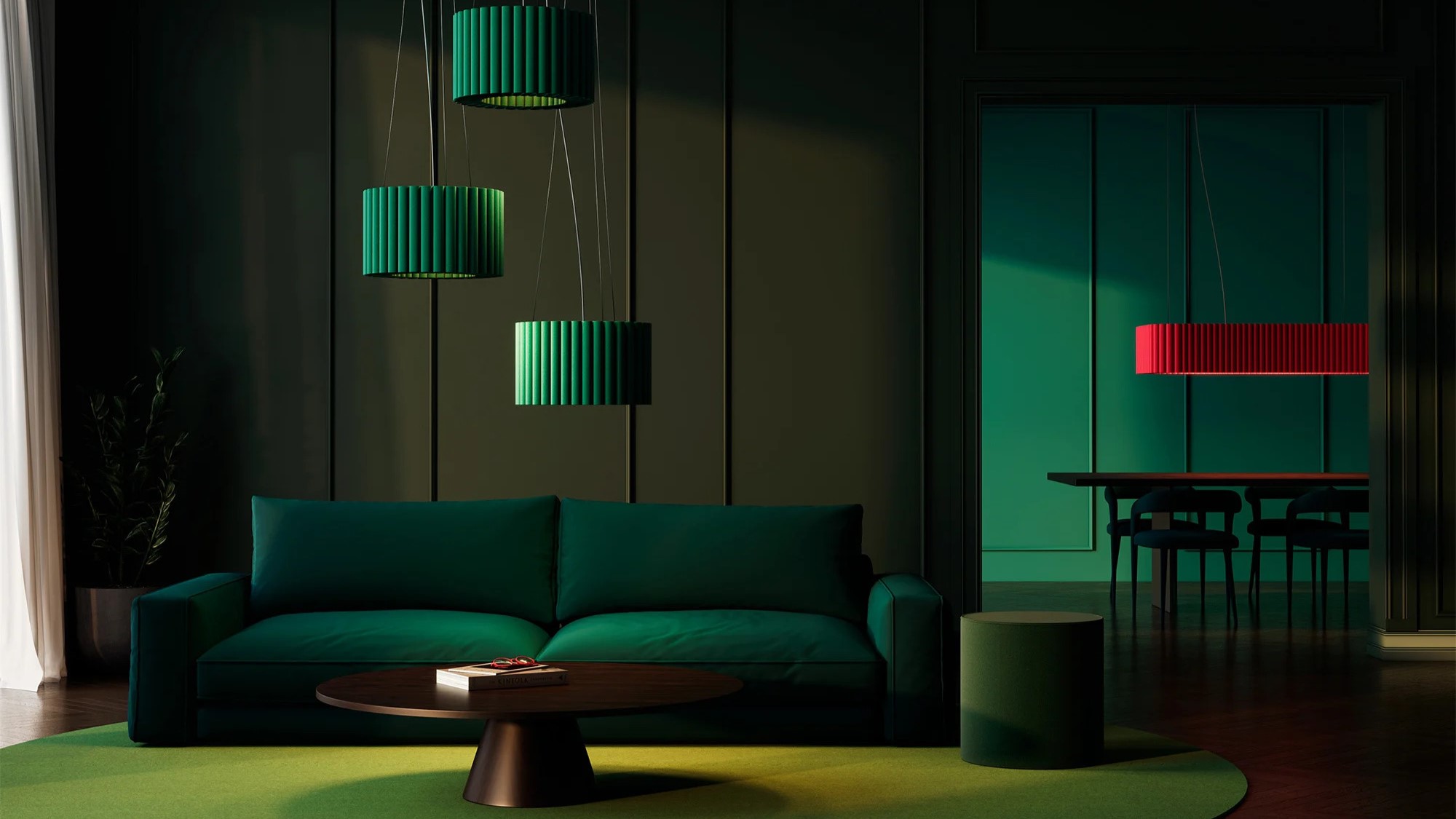 Modernes Wohnzimmer mit grünen Akzenten und Leuchten