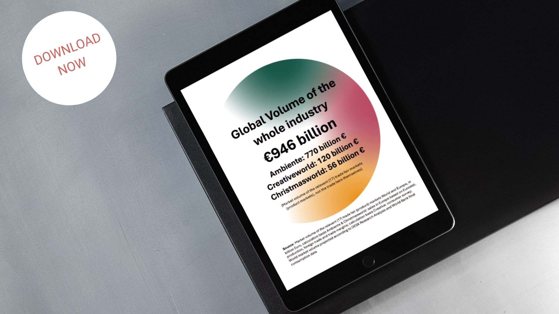 Tablet displaying market report with download badge